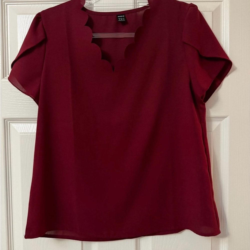 SHEIN Burgundy Scalloped Neck Blouse Size S